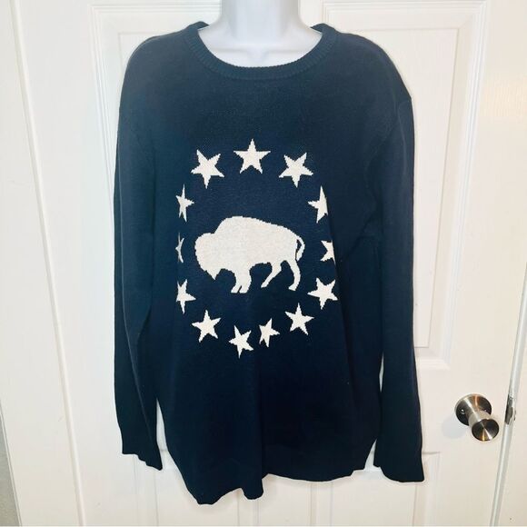 Lucky Brand Blue Cream Novelty Crew Sweater Buffalo Stars Americana Design XL - Picture 7 of 11